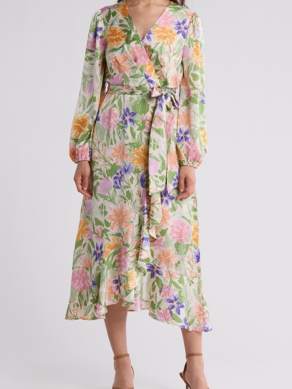 Tahari ASL Pastel Floral Wrap Midi Dress in Green, Pink, Purple, Orange